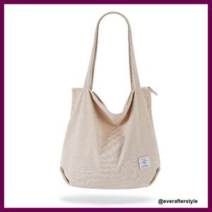 Corduroy Tote Bag Zipper Casual Large Capacity Shoulder Bag with Pockets